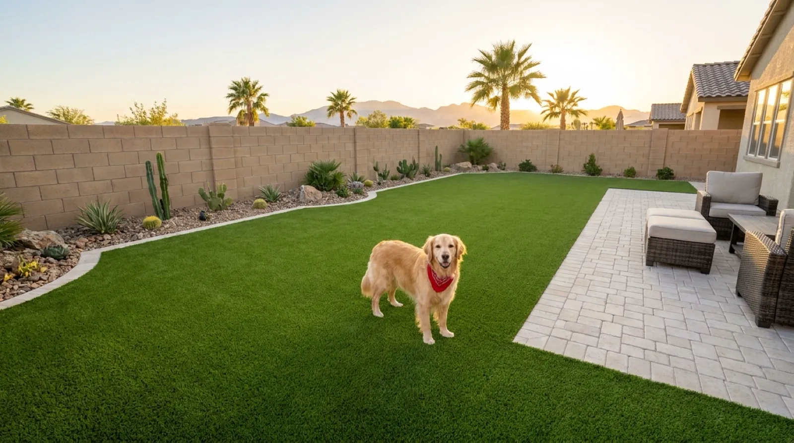 An artificial turf backyard in Las Vegas in low evening light